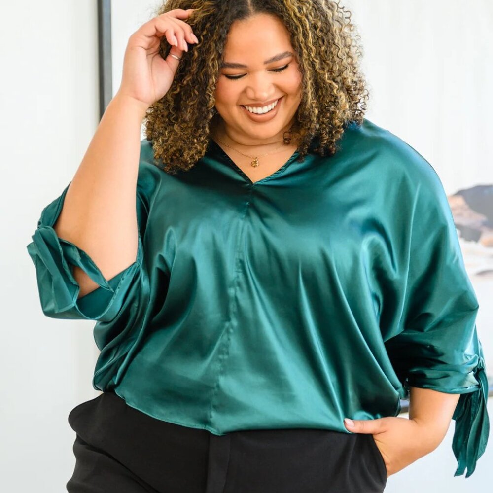 Dolman Tie Sleeve Blouse in Green--M, L, XL, 1XL, 2XL Available